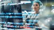 © Gorodenkoff - Concept Shot with Visualisation of Running Computer Code on Foreground. Portrait of Young Stylish Woman Working on Desktop Computer In Office. Colorful Girl Creating Modern Content, Project Design