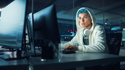 Poster - Late at Night in Office: Portrait of Young Stylish Freelancer Woman Working on Desktop Computer. Non-Binary Person Creating Modern Content, Do Contemporary Project Design, Create Colorful Marketing