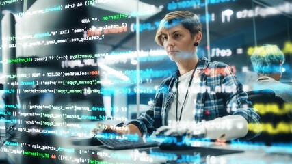 Aufkleber - Shot with Visualisation of Running Computer Code on Foreground. Portrait of Motivated Woman with Disability Using Prosthetic Arm to Work on Computer in Body Positive Office. Myoelectric Bionic Hand