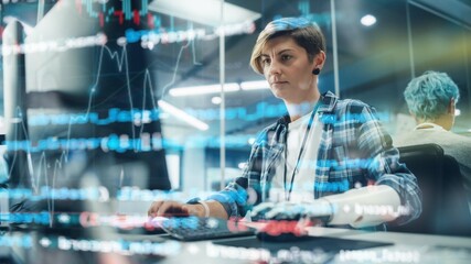 Aufkleber - Shot with Visualisation of Running Computer Code on Foreground. Portrait of Motivated Woman with Disability Using Prosthetic Arm to Work on Computer in Body Positive Office. Myoelectric Bionic Hand
