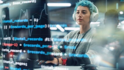 Poster - Concept Shot with Visualisation of Running Computer Code on Foreground. Portrait of Young Stylish Woman Working on Desktop Computer In Office. Colorful Girl Creating Modern Content, Project Design