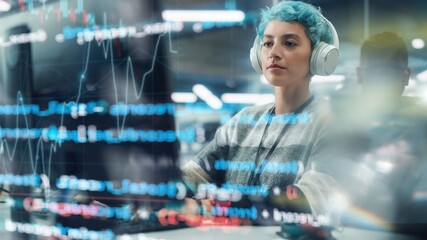 Poster - Concept Shot with Visualisation of Running Computer Code on Foreground. Portrait of Young Stylish Woman Working on Desktop Computer In Office. Colorful Girl Creating Modern Content, Project Design