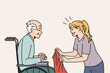 Caring female nurse cover sick old male patient sitting in wheelchair cure in hospital. Attentive caregiver help mature elderly grandfather in retirement or nursing home. Flat vector illustration.