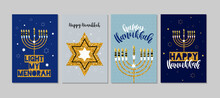 Set Of Hanukkah Greeting Card, Poster, Banner Template. Nine Candles And Wishing. Hand Drawn Sketch Illustration.