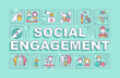 © IMG visuals icons - Social engagement word concepts banner. Participation in community. Infographics with linear icons on blue background. Isolated creative typography. Vector outline color illustration with text