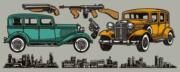 Wall Mural - Mafia elements colorful vintage concept