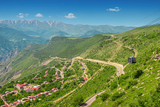 Tatev cable car and funicular in summer transports passengers and tourists up the hill to the monastery in Armenia
