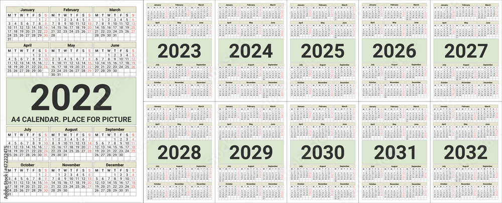 Calendar grid for 2022, 2023, 2024, 2025, 2026, 2027, 2028, 2029, 2030, 2031, 2032 years. Vector template A4 calendar with a place for a picture or your advertisement. Standard size for vertical print Stock Vector | Adobe Stock calendar-grid-for-2022-2023-2024-2025-2026-2027-2028-2029-2030-2031-2032-years-vector-template-a4-calendar-with-a-place-for-a-picture-or-your-advertisement-standard-size-for-vertical-print-stock-vector-adobe-stock