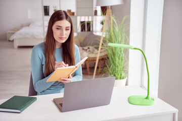 Poster - Photo portrait young woman working on laptop from home taking notes in blocknote