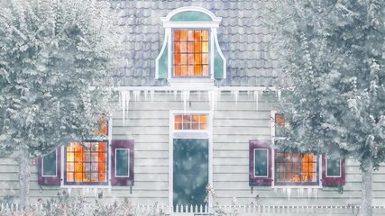 Wall Mural - Winter view with snow of an old wooden Dutch house at the Zaanse Schans, The Netherlands, seamless loop