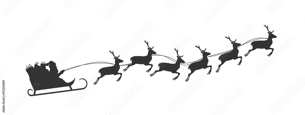 Santa Claus in sleigh pulled by reindeer, silhouette vector ...