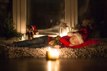 Beautiful Toddler Child, Boy, Sleeping On Christmas Eve, Waiting For Santa Claus To Come