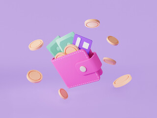 3d icon render illustration saving money concept. pink wallet with banknote, credit card and floating coins on purple background.online payment, bank, finance investment, money wallet, cashback