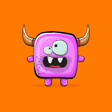 Vector cartoon funny pink monster with horn isolated on orange background. Smiling silly pink monster print sticker design template. Ghost, troll, gremlin, goblin, devil and monster