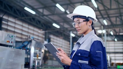 Engineer is using a tablet to check the machine's control system in a factory.