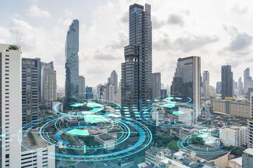 Wall Mural - Technology hologram over panorama city view of Bangkok. The largest tech hub in Southeast Asia. The concept of developing coding and high-tech science. Double exposure.