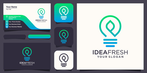 Wall Mural - Bulb lamp combine with leaf logo and business card design vector.