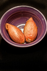 front view, close distance, of two freshly dug shallots in a purple, ceramic bowl