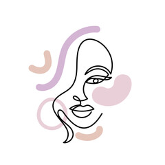 Wall Mural - Face of an abstract woman with colorful shapes in a modern abstract minimalist one line style. Continuous black line simple drawing. Isolated on white. Vector fashion illustration.