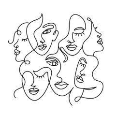 Wall Mural - Face of an abstract woman in a modern abstract minimalist one line style. Continuous black line faces simple drawing. Isolated on white. Vector fashion illustration.