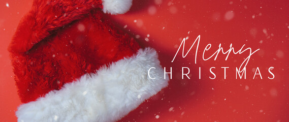 Poster - Santa hat for Merry Christmas red banner background.