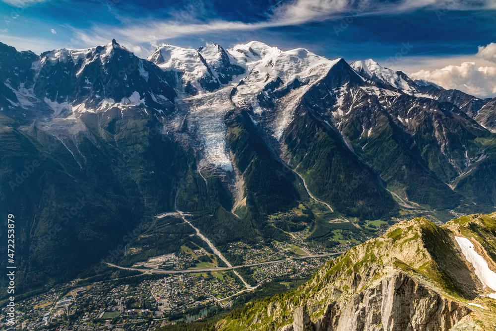 Mont Blanc towering over Chamonix Valley