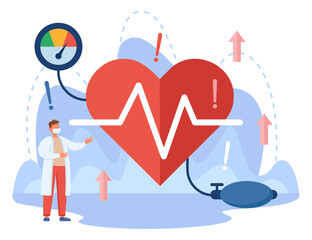 Wall Mural - Tiny doctor and heart of patient with high blood pressure. Medical checkup at hospital or clinic, risk of cholesterol or cardiovascular disease flat vector illustration. Cardiology, health concept