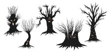 Haunted Tree Silhouettes With Glowing Eyes And Creepy Faces, Monster Trees Vector Illustrations, Halloween Themed Decor Isolated On White