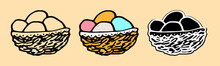 A Nest With Colored Eggs For Easter. A Set Of Hand-drawn Doodle-style, Multicolored Eggs In A Yellow Nest With A Napkin, An Isolated Black Outline And A Silhouette On Yellow For A Design Template