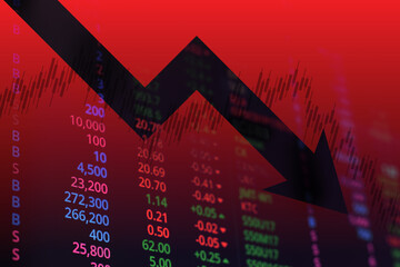 financial chart with down trend line arrow graph in stock market and red color background