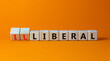 Illiberal or liberal symbol. Turned wooden cubes and changed the word illiberal to liberal. Beautiful orange background. Business, political and illiberal or liberal concept. Copy space.