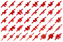 Set Of 41 Beautiful Realistic Big Red Bows Of Various Shapes With Ribbons Arranged Diagonally. With Shadows, On White Background. Vector Illustration