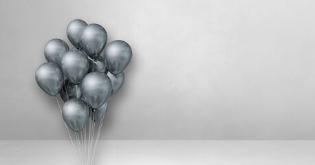 Silver balloons bunch on a white wall background. Horizontal banner.