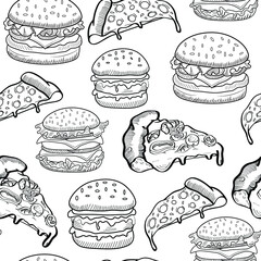 Wall Mural - Burgers, pizza, fast food vector seamless pattern isolated on bright background. Concept for cards, print, menu