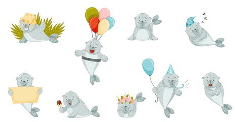 Cute baby seal activities set. Funny adorable arctic animal character cartoon vector illustration