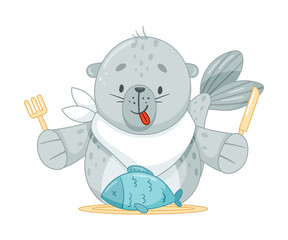 Wall Mural - Cute baby seal eating fish. Funny adorable arctic animal character cartoon vector illustration