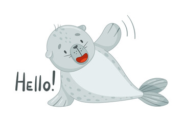 Wall Mural - Cute baby seal greeting with paw gesture. Funny adorable arctic animal character cartoon vector illustration