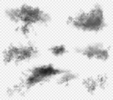 Set Of The 7 Dark Gloomy Vector Realistic Clouds Isolated On White Semi Transparent Background. Black Smoke From Fire Or Conflagration. Else Useful For Halloween Or Another Fearfull Theme
