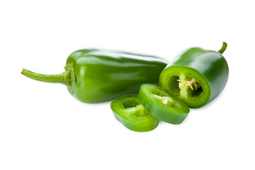 Ripe jalapeno or pepperoni isolated on white background. Closeup view of green chili pepper. Hot spice