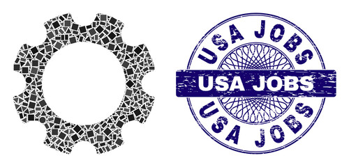 Wall Mural - Geometric collage gear, and USA Jobs dirty stamp seal. Violet stamp seal has USA Jobs tag inside round shape. Vector gear collage is made from different circle, triangle, square parts.