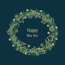 Stylish Christmas Wreath Of Fir Branches Decorated With Golden Snowflakes, Stars, Hearts, Balls, Bells On A Blue Background. Template For Holiday Designs, Invitations, Cards, Business Cards, Parties