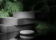 3D Podium, Stone Display Set. Jungle, Monstera Palm Leaf.  Nature Dark Background. Cosmetic, Beauty Product Promotion Mockup. Rock Concrete Pedestal. Gray Trendy Exotic, 3D Render Illustration.