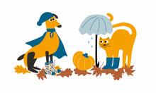 A Funny Illustration Of Pets Like A Dog And A Cat Dressed In Warm Autumn Clothes. Vector Illustration On The Theme Of Autumn.