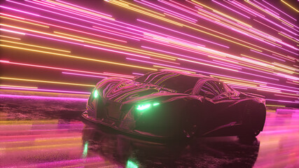 Wall Mural - Futuristic concept. The sports car is moving against the backdrop of glowing neon lines. Pink purple color. 3d Illustration