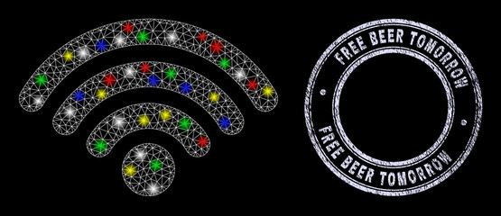 Wall Mural - Glossy polygonal mesh web wifi router icon with glitter effect on a black background, and Free Beer Tomorrow textured seal imitation. Illuminated vector mesh created from wifi router icon,