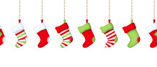 Vector Horizontal Seamless Border With Hanging Colorful Christmas Socks On A White Background.