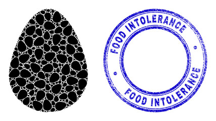 Wall Mural - Vector egg icon collage is organized of repeating self egg icons. Food Intolerance unclean blue round stamp seal. Recursive mosaic of egg icon. Blue stamp has Food Intolerance text inside round shape.
