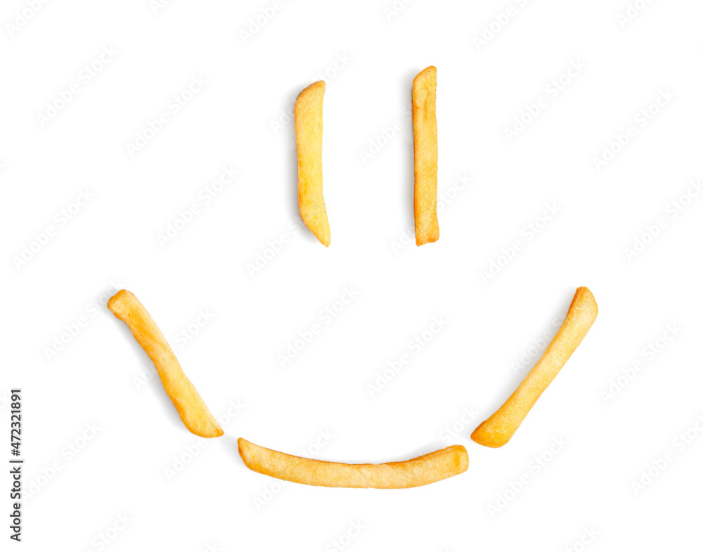Funny composition with tasty french fries on white background