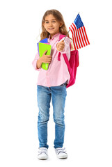 Wall Mural - Pupil of language school with USA flag on white background