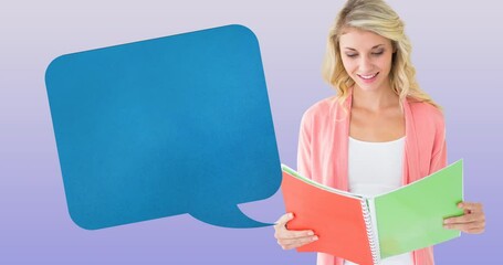 Sticker - Animation of blue speech bubble over smiling caucasian woman reading notebook, on lilac